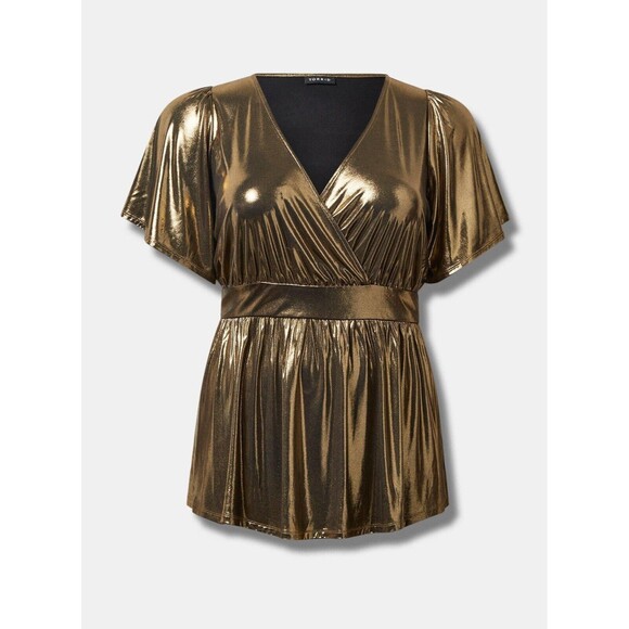 Torrid Women's Plus 2X Gold Shimmer Blouse Short Sleeve Peplum Metallic NWT - Picture 4 of 5